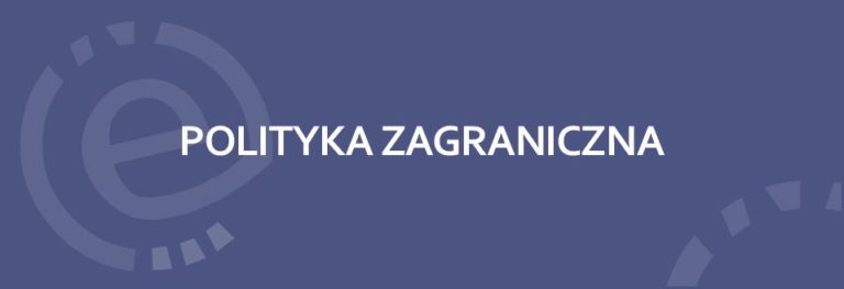 grafika - niebieski prostokąt z napisem: polityka zagraniczna